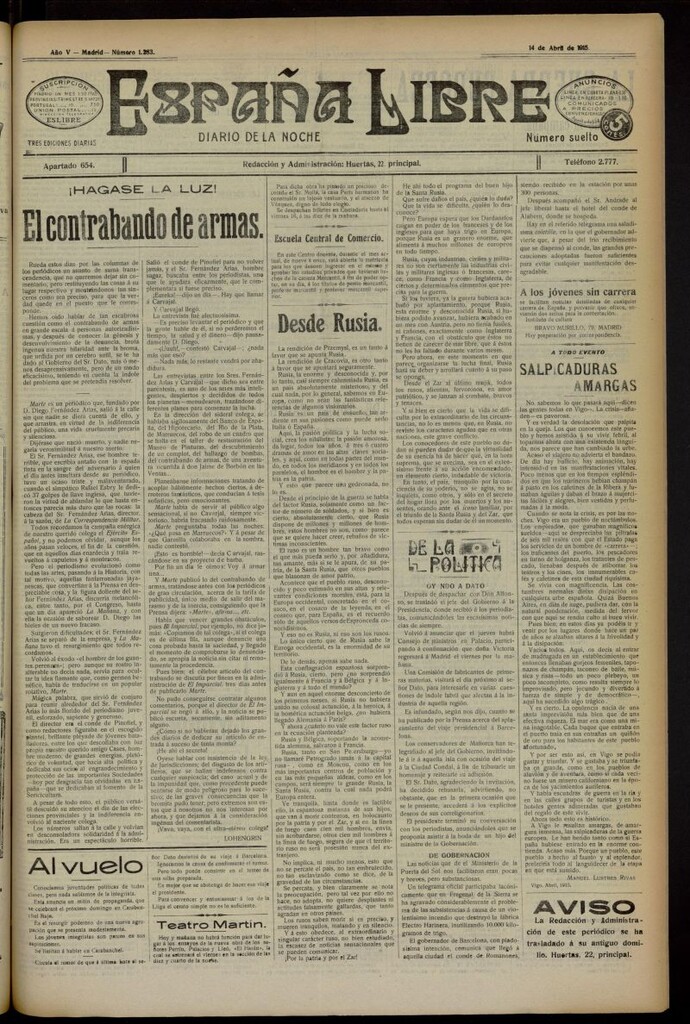 Miniatura de España Libre : Diario de la noche del 14 de abril de 1915, nº 1283