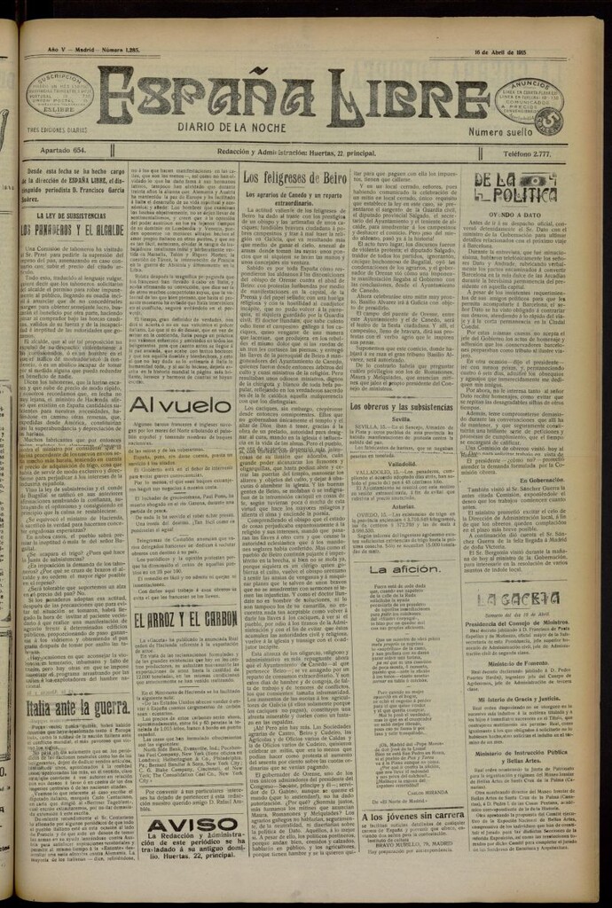 Miniatura de España Libre : Diario de la noche del 16 de abril de 1915, nº 1285