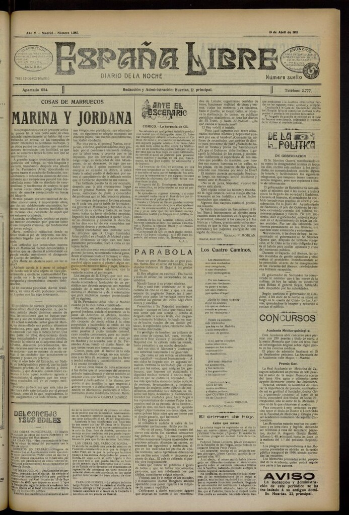 Miniatura de España Libre : Diario de la noche del 19 de abril de 1915, nº 1287