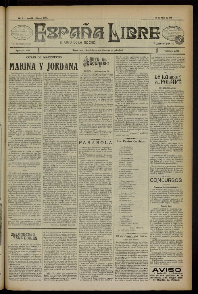 Miniatura de España Libre : Diario de la noche del 20 de abril de 1915, nº 1287 [sic]