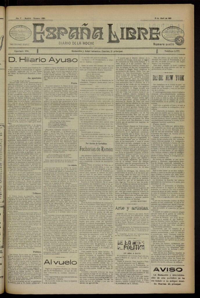Miniatura de España Libre : Diario de la noche del 21 de abril de 1915, nº 1288