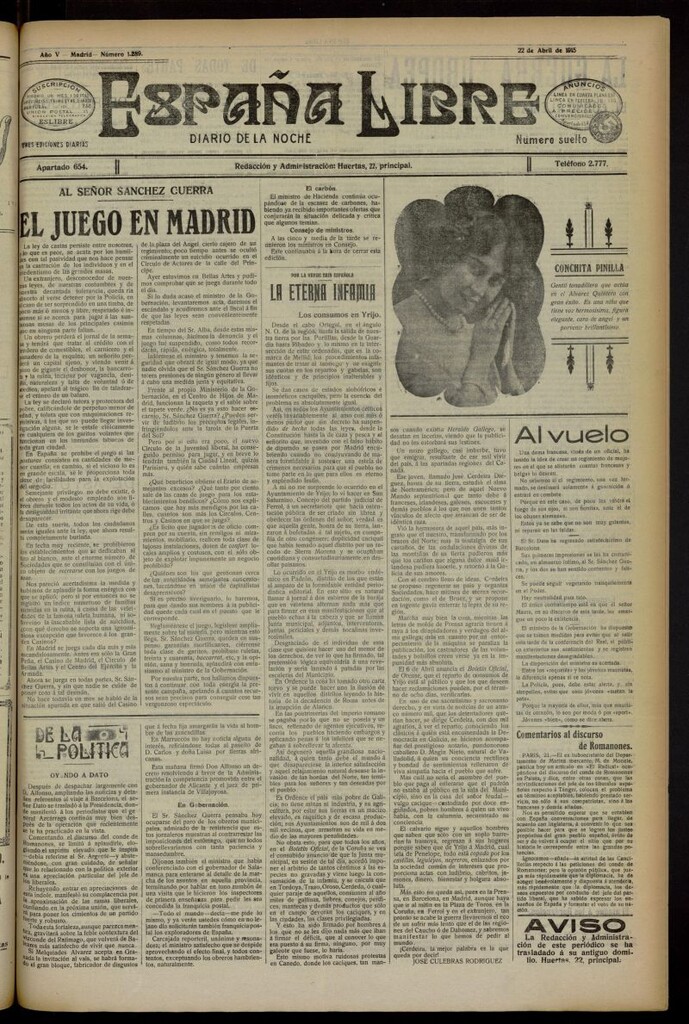 Miniatura de España Libre : Diario de la noche del 22 de abril de 1915, nº 1289