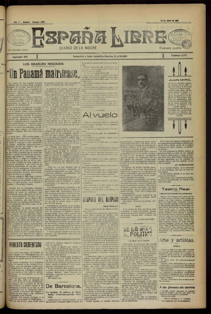 Miniatura de España Libre : Diario de la noche del 24 de abril de 1915, nº 1292 [sic]