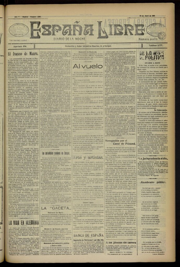 Miniatura de España Libre : Diario de la noche del 26 de abril de 1915, nº 1293