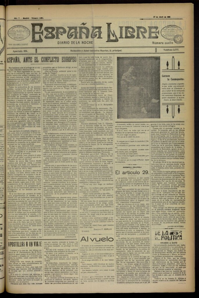 Miniatura de España Libre : Diario de la noche del 27 de abril de 1915, nº 1294