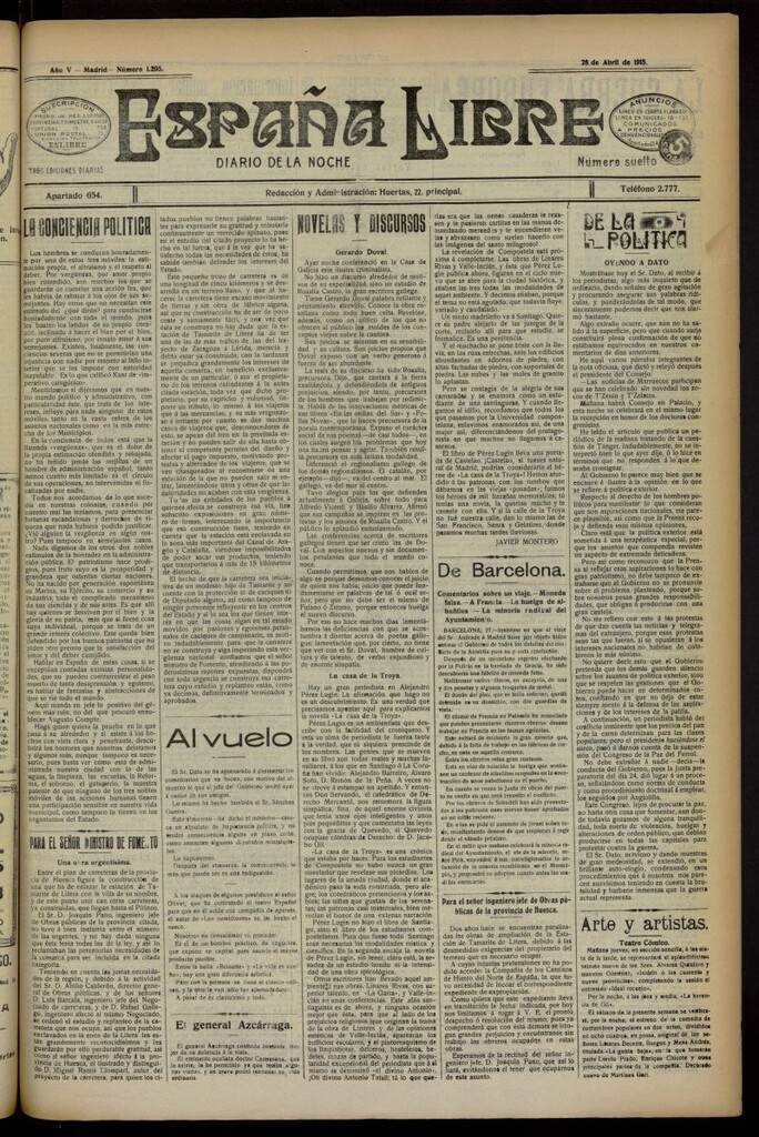 Miniatura de España Libre : Diario de la noche del 28 de abril de 1915, nº 1295