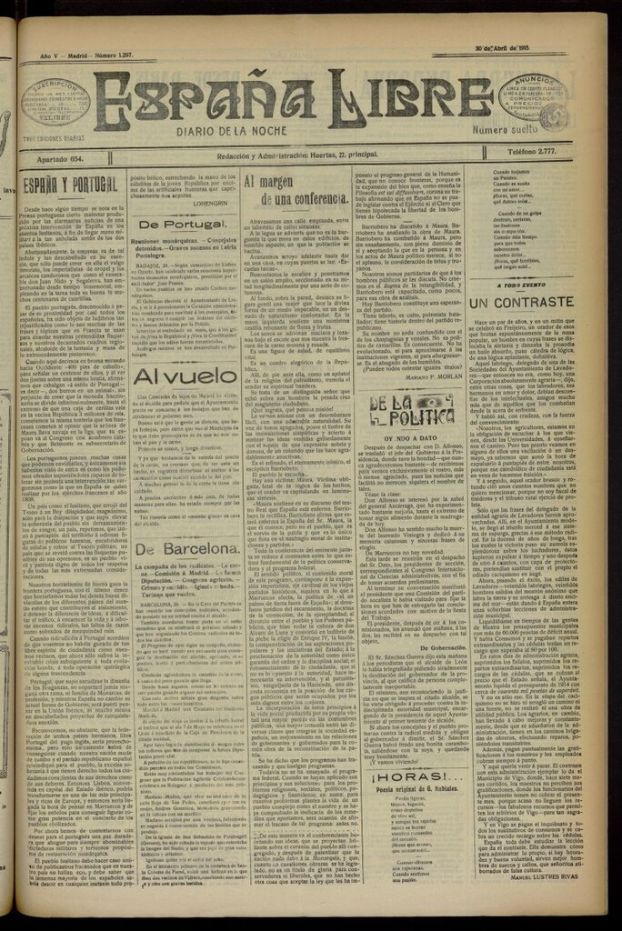 Miniatura de España Libre : Diario de la noche del 30 de abril de 1915, nº 1297