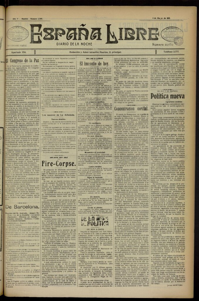 Miniatura de España Libre : Diario de la noche del 4 de mayo de 1915, nº 1300