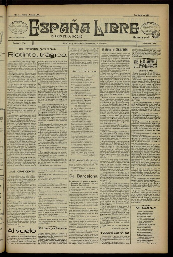 Miniatura de España Libre : Diario de la noche del 5 de mayo de 1915, nº 1300 [sic]