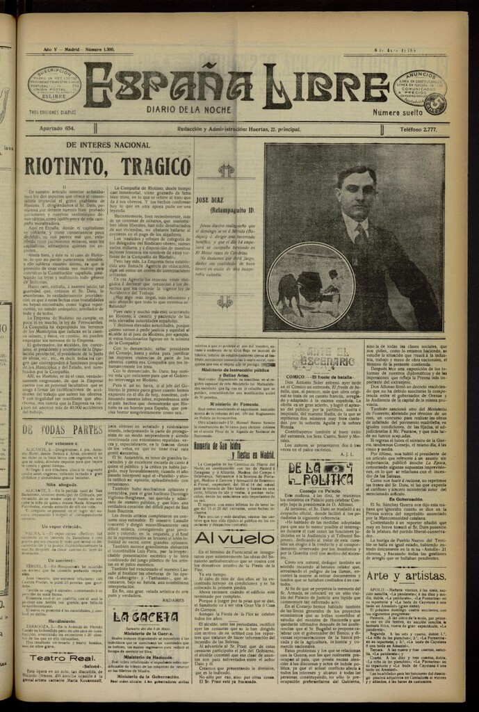 Miniatura de España Libre : Diario de la noche del 6 de mayo de 1915, nº 1300 [sic]
