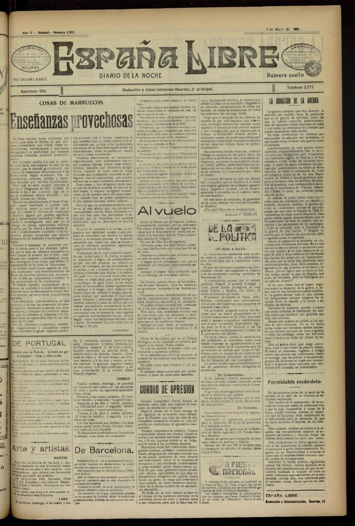 Miniatura de España Libre : Diario de la noche del 7 de mayo de 1915, nº 1303