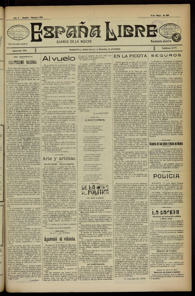 Miniatura de España Libre : Diario de la noche del 10 de mayo de 1915, nº 1305