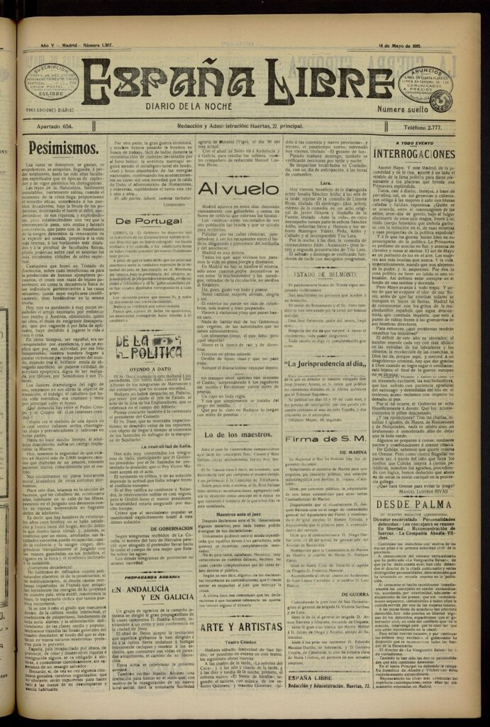 Miniatura de España Libre : Diario de la noche del 14 de mayo de 1915, nº 1307 [sic]