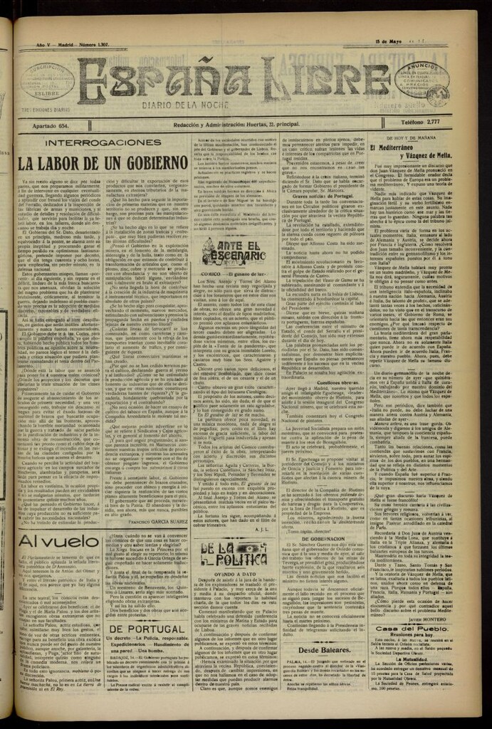 Miniatura de España Libre : Diario de la noche del 15 de mayo de 1915, nº 1307 [sic]