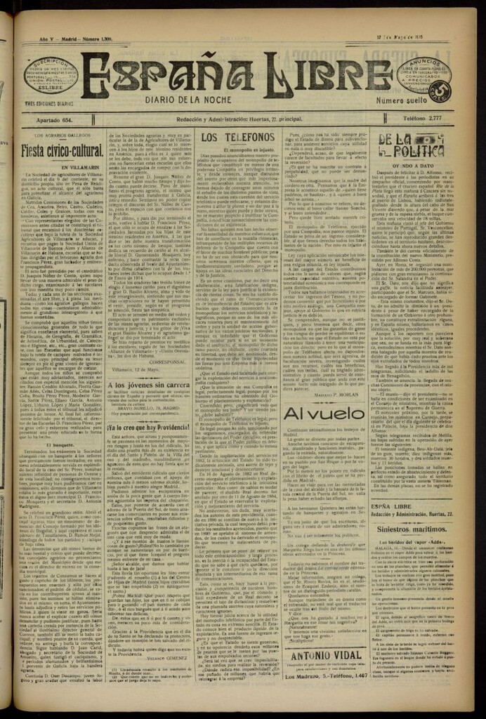 Miniatura de España Libre : Diario de la noche del 17 de mayo de 1915, nº 1309