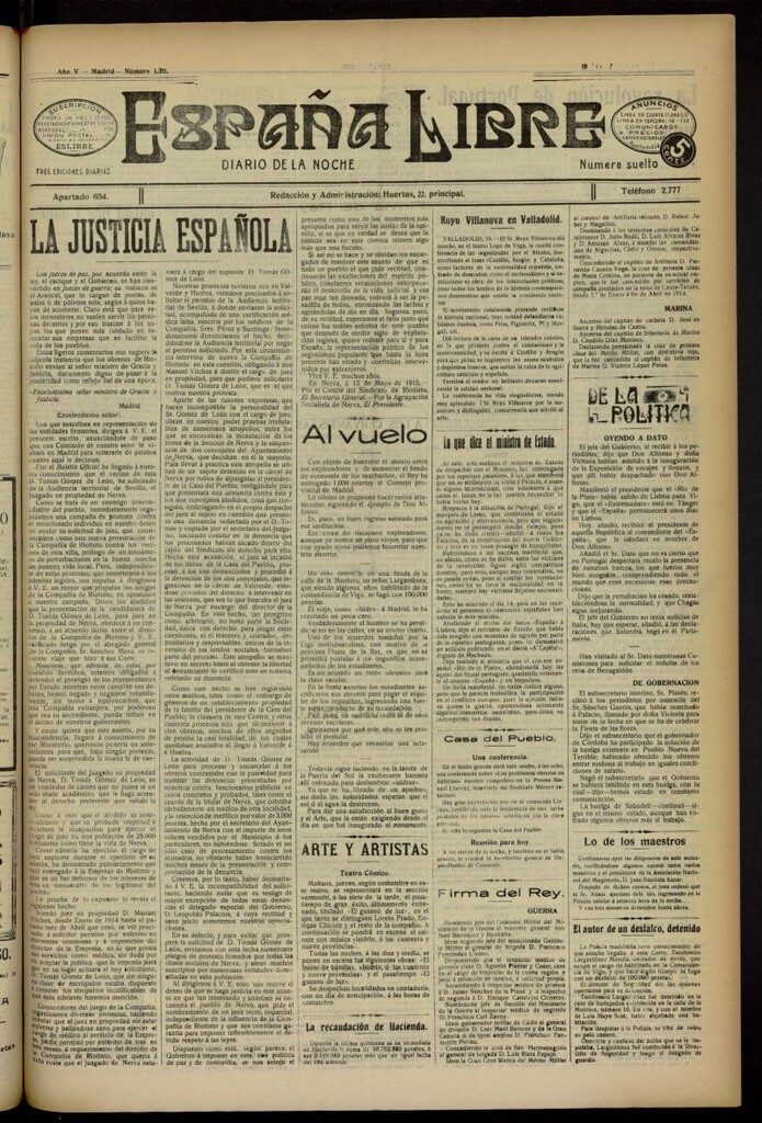 Miniatura de España Libre : Diario de la noche del 19 de mayo de 1915, nº 1311