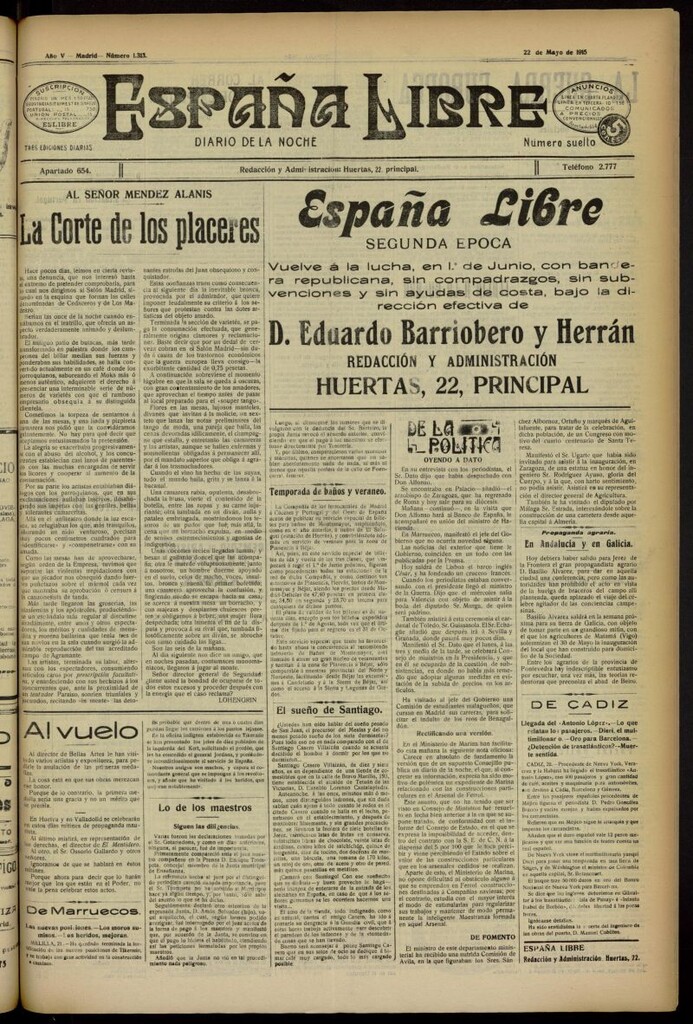 Miniatura de España Libre : Diario de la noche del 22 de mayo de 1915, nº 1313 [sic]