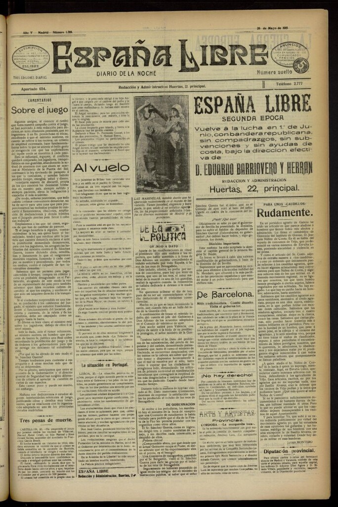 Miniatura de España Libre : Diario de la noche del 26 de mayo de 1915, nº 1319