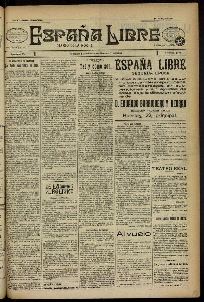 Miniatura de España Libre : Diario de la noche del 27 de mayo de 1915, nº 1320