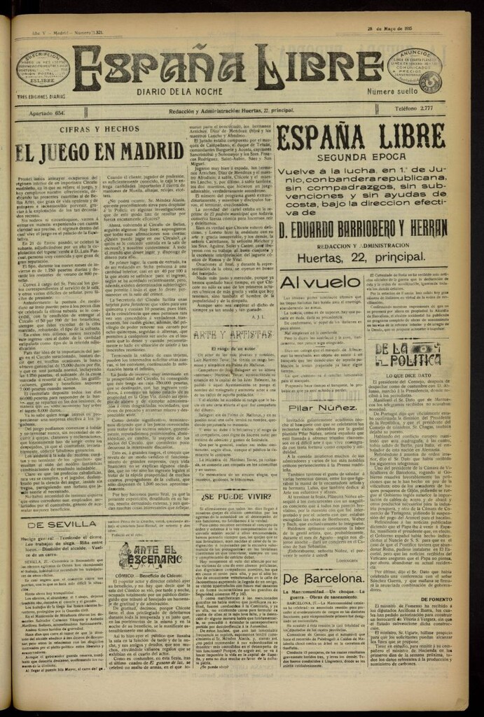 Miniatura de España Libre : Diario de la noche del 28 de mayo de 1915, nº 1321