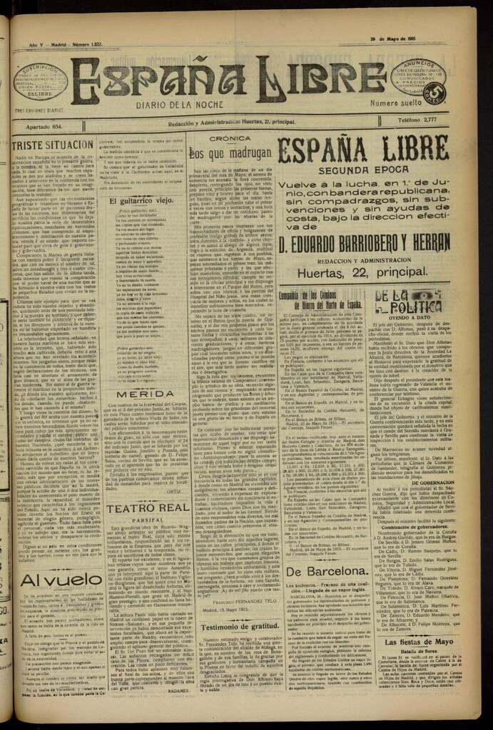 Miniatura de España Libre : Diario de la noche del 29 de mayo de 1915, nº 1322