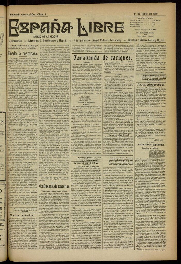 Miniatura de España Libre : Diario de la noche del 1 de junio de 1915. Año I, nº 1