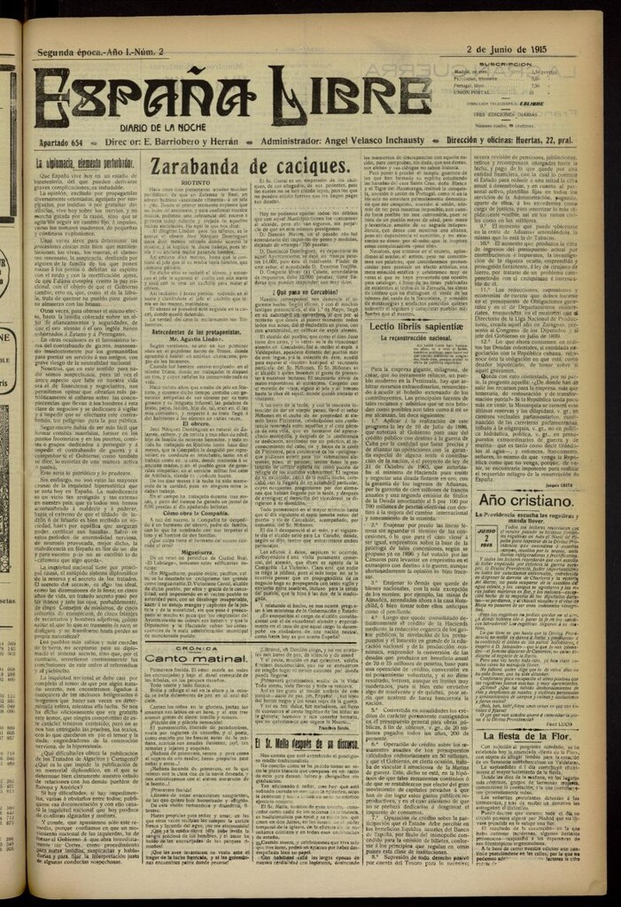 Miniatura de España Libre : Diario de la noche del 2 de junio de 1915. Año I, nº 2