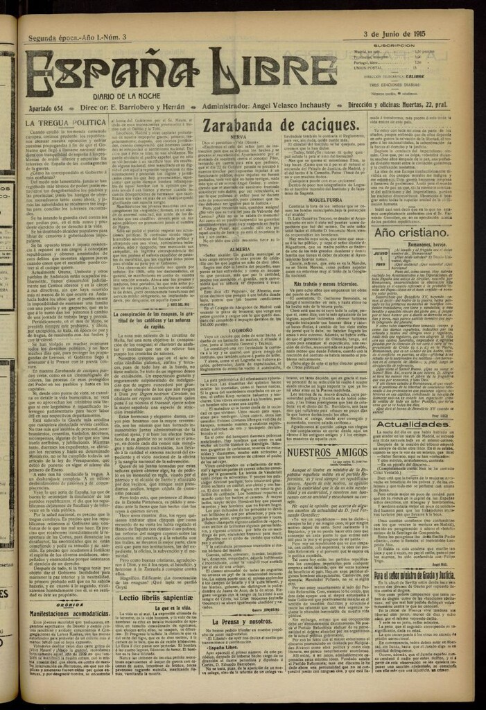 Miniatura de España Libre : Diario de la noche del 3 de junio de 1915. Año I, nº 3