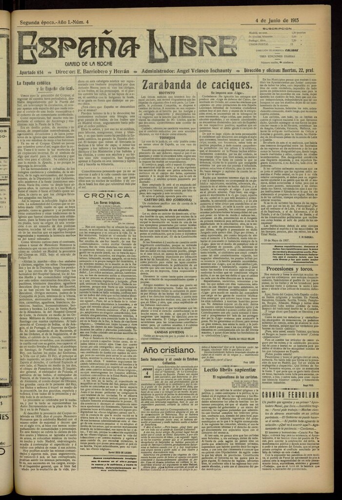 Miniatura de España Libre : Diario de la noche del 4 de junio de 1915. Año I, nº 4