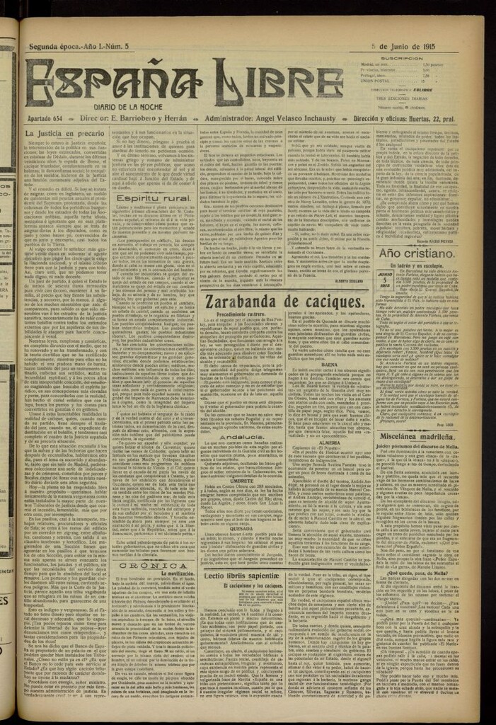 Miniatura de España Libre : Diario de la noche del 5 de junio de 1915. Año I, nº 5