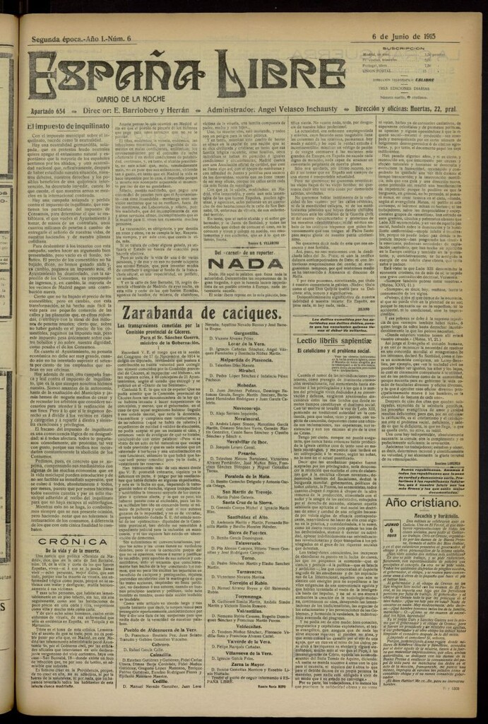 Miniatura de España Libre : Diario de la noche del 6 de junio de 1915. Año I, nº 6