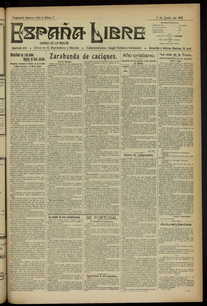 Miniatura de España Libre : Diario de la noche del 7 de junio de 1915. Año I, nº 7