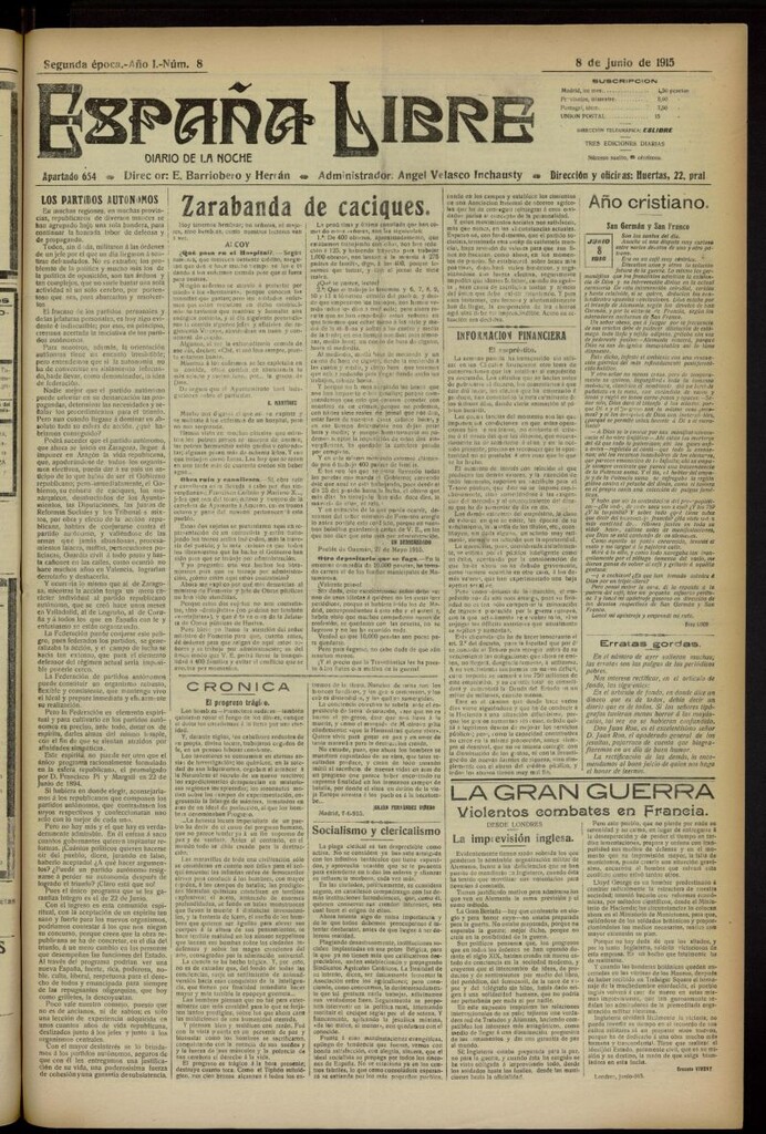 Miniatura de España Libre : Diario de la noche del 8 de junio de 1915. Año I, nº 8