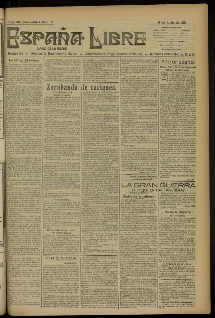 Miniatura de España Libre : Diario de la noche del 9 de junio de 1915. Año I, nº 9