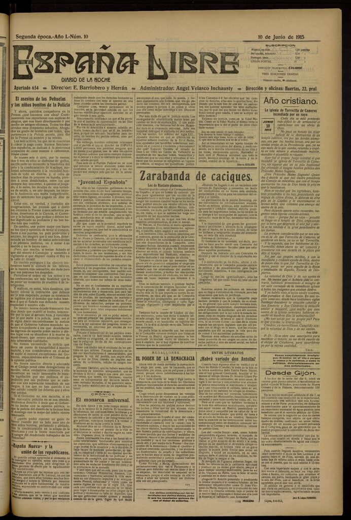 Miniatura de España Libre : Diario de la noche del 10 de junio de 1915. Año I, nº 10