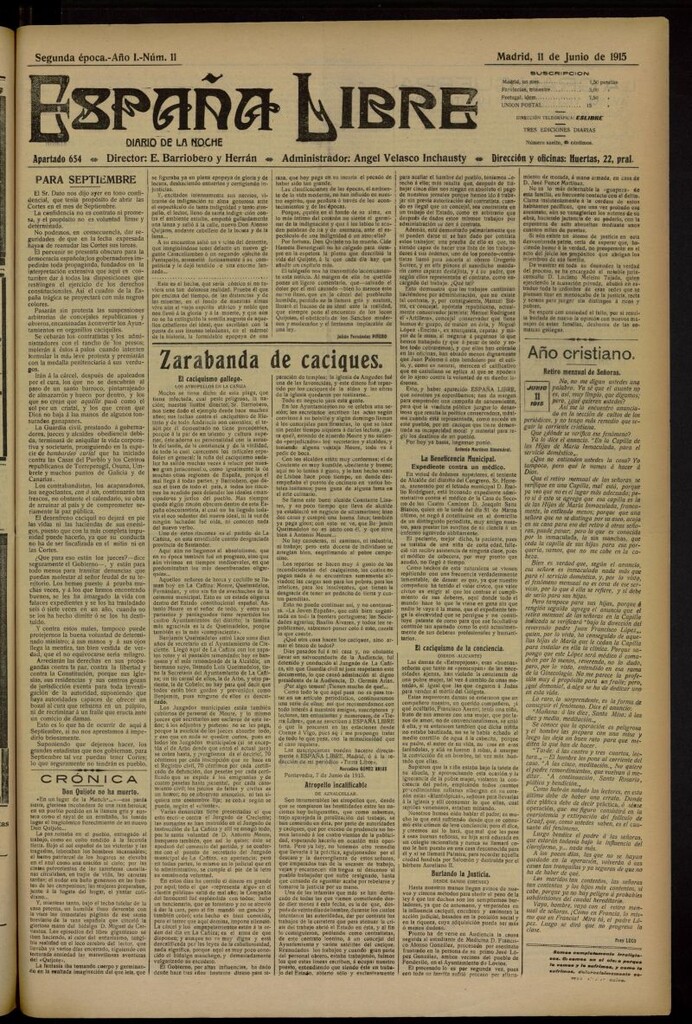 Miniatura de España Libre : Diario de la noche del 11 de junio de 1915. Año I, nº 11