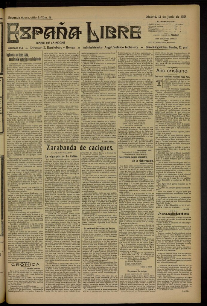 Miniatura de España Libre : Diario de la noche del 12 de junio de 1915. Año I, nº 12