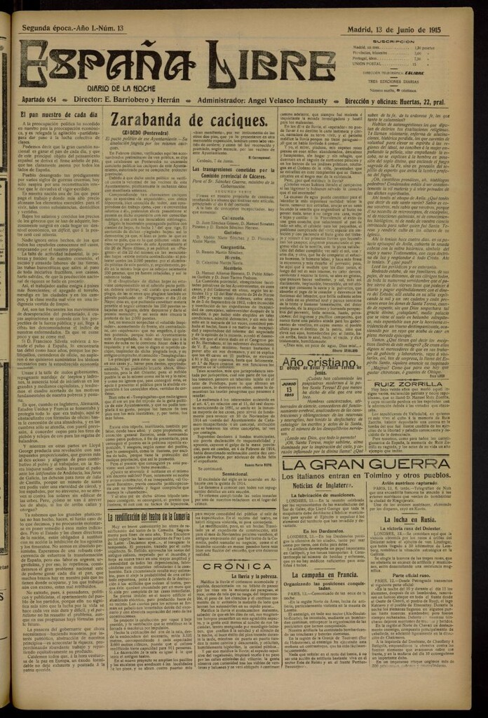 Miniatura de España Libre : Diario de la noche del 13 de junio de 1915. Año I, nº 13