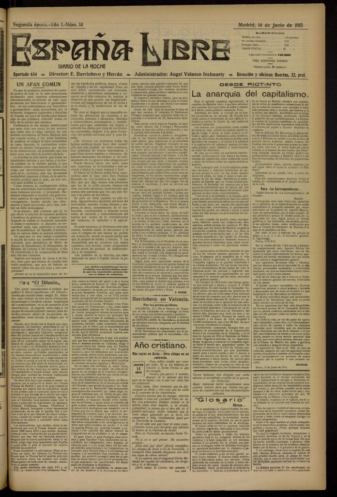 Miniatura de España Libre : Diario de la noche del 14 de junio de 1915. Año I, nº 14
