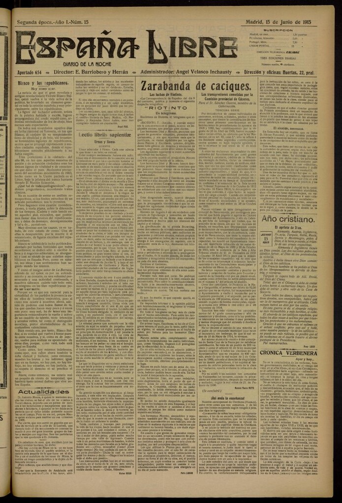 Miniatura de España Libre : Diario de la noche del 15 de junio de 1915. Año I, nº 15