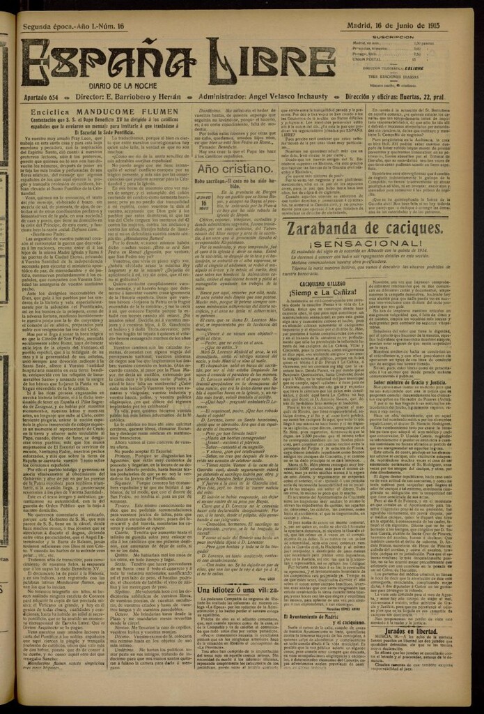 Miniatura de España Libre : Diario de la noche del 16 de junio de 1915. Año I, nº 16