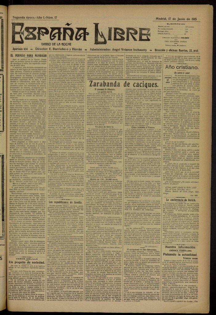 Miniatura de España Libre : Diario de la noche del 17 de junio de 1915. Año I, nº 17