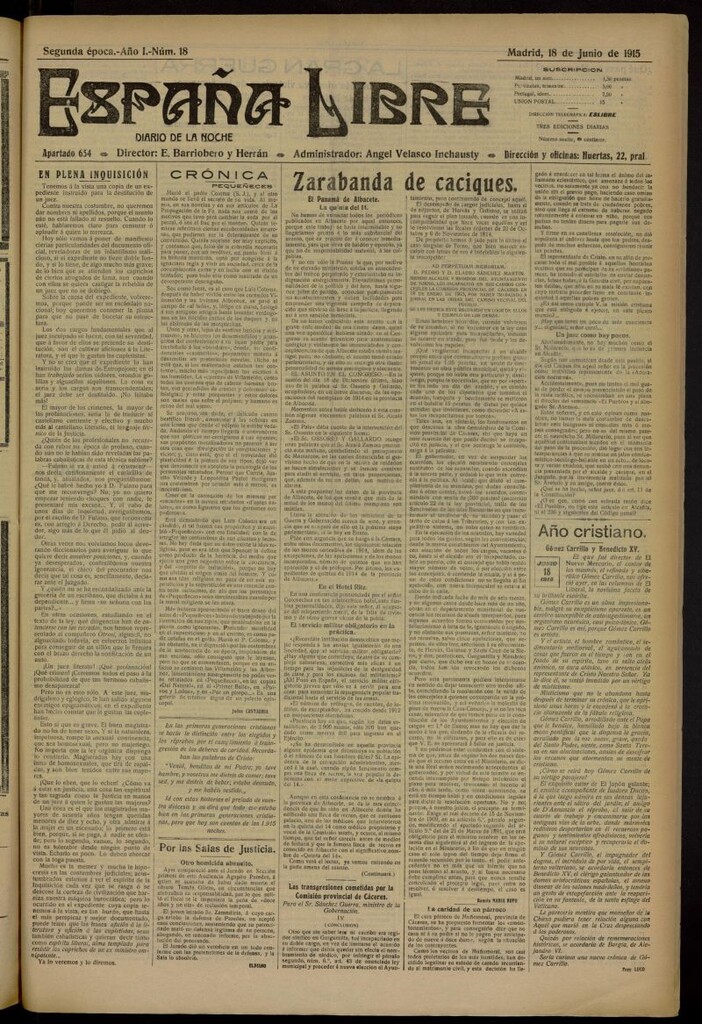 Miniatura de España Libre : Diario de la noche del 18 de junio de 1915. Año I, nº 18