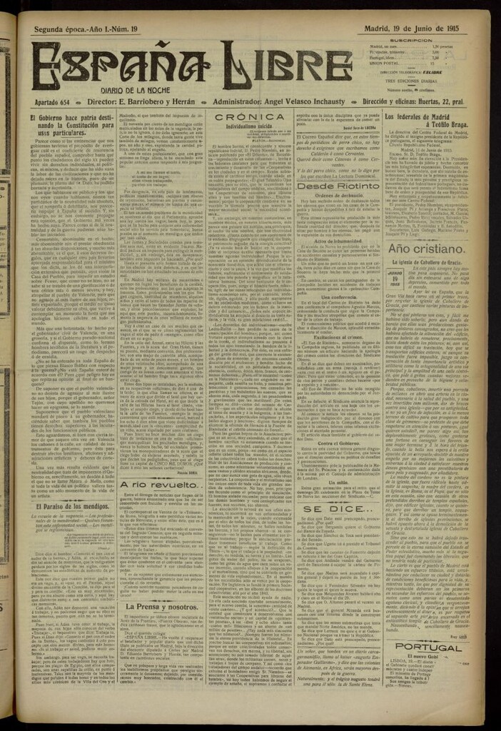 Miniatura de España Libre : Diario de la noche del 19 de junio de 1915. Año I, nº 19
