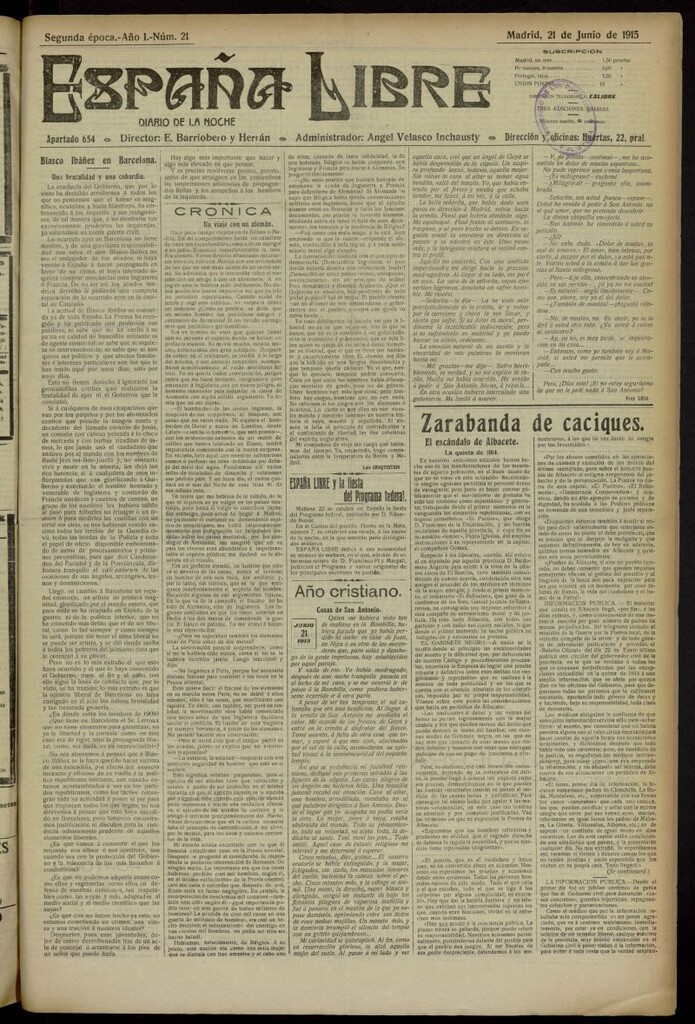 Miniatura de España Libre : Diario de la noche del 21 de junio de 1915. Año I, nº 21