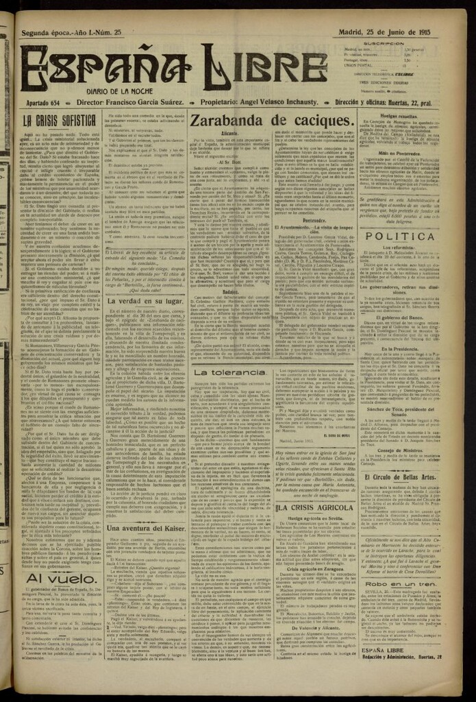 Miniatura de España Libre : Diario de la noche del 25 de junio de 1915. Año I, nº 25