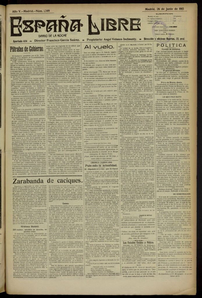 Miniatura de España Libre : Diario de la noche del 26 de junio de 1915, nº 1348