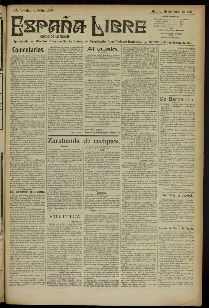 Miniatura de España Libre : Diario de la noche del 29 de junio de 1915, nº 1350