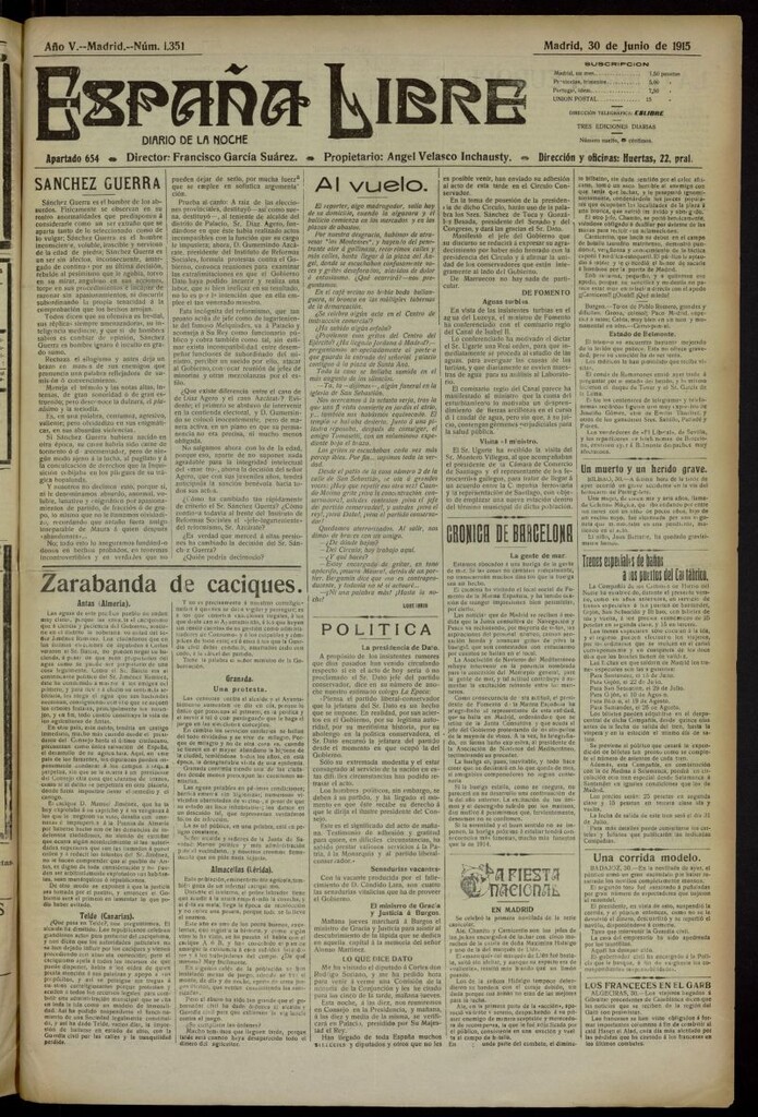 Miniatura de España Libre : Diario de la noche del 30 de junio de 1915, nº 1351