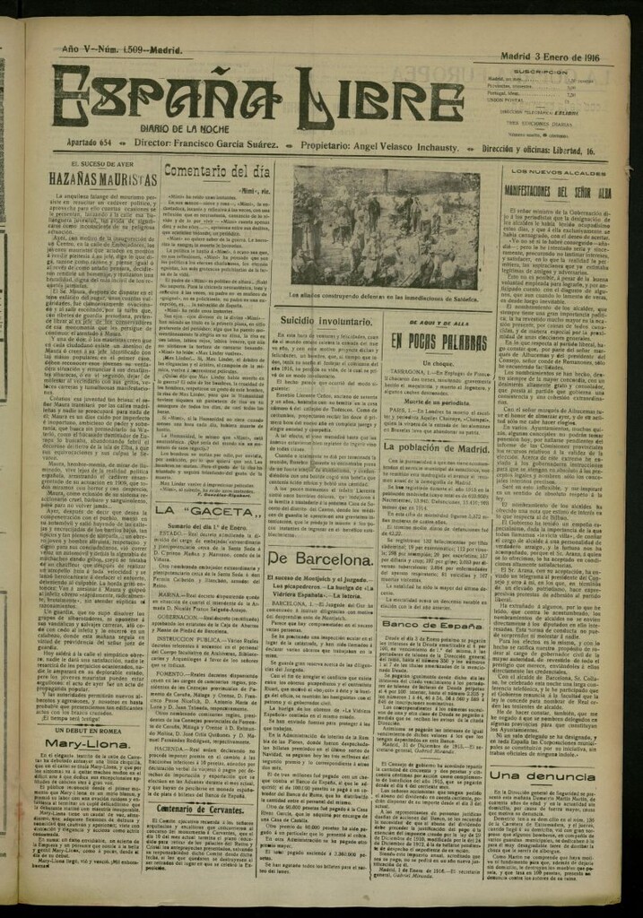 Miniatura de España Libre : Diario de la noche del 3 de enero de 1916, nº 1509